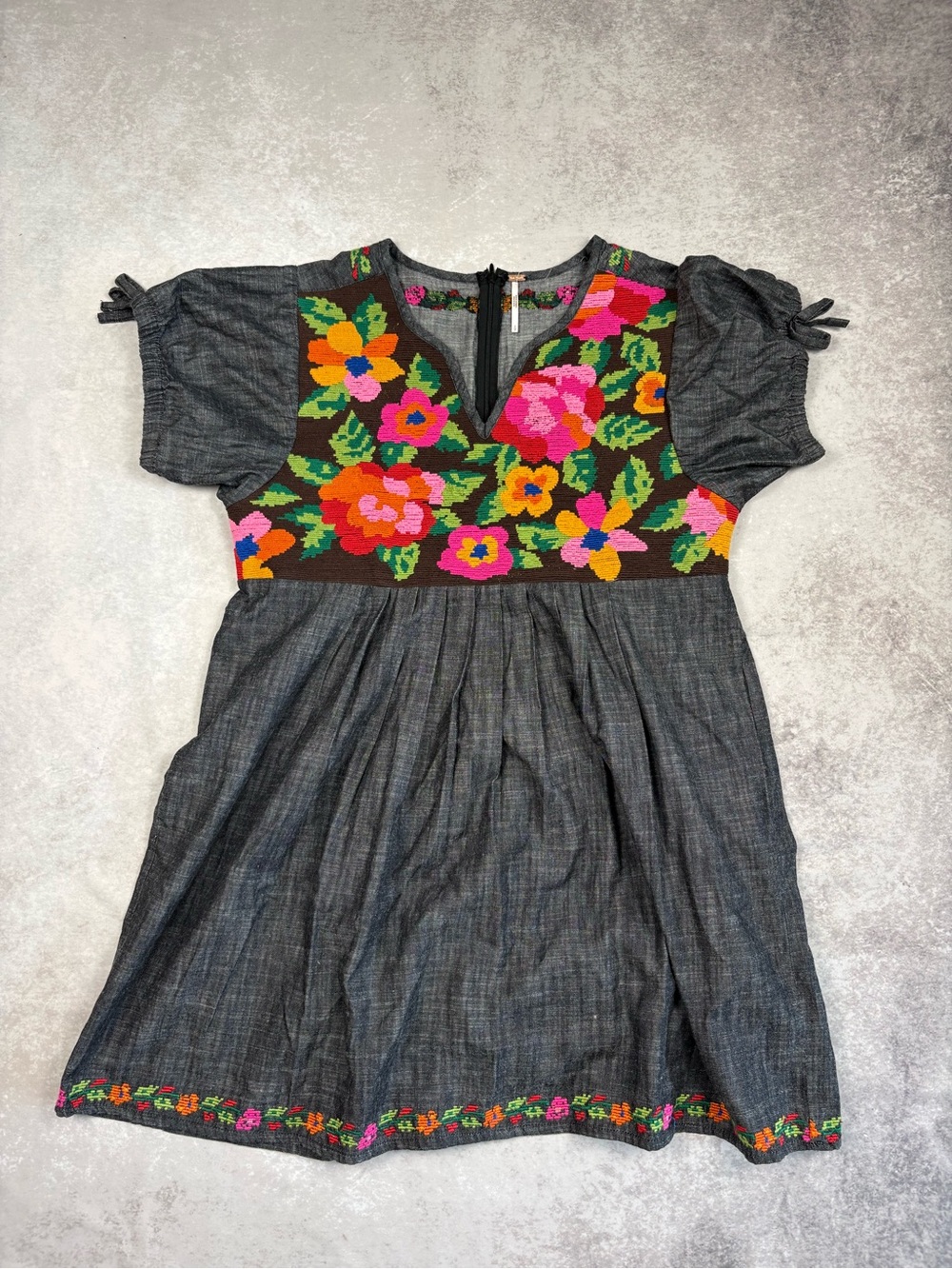 Free People Oaxaca Chambray Mini Babydoll Embroidered Floral Dress